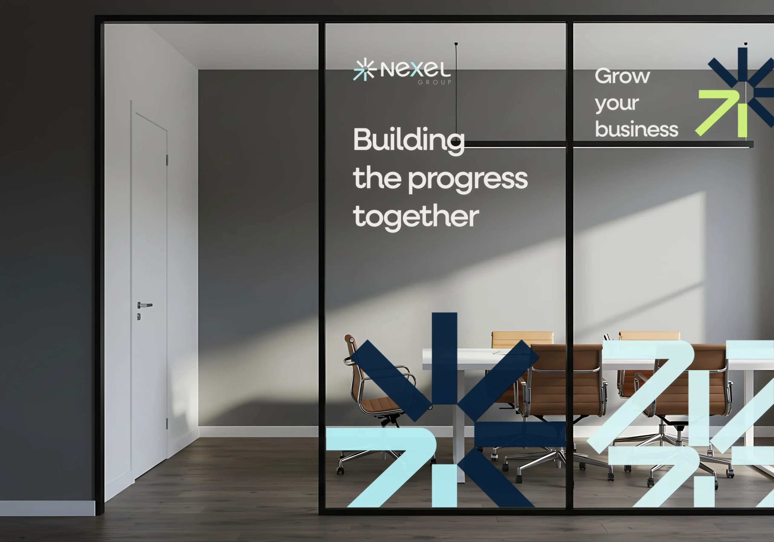 Nexel meeting room with growth graphics