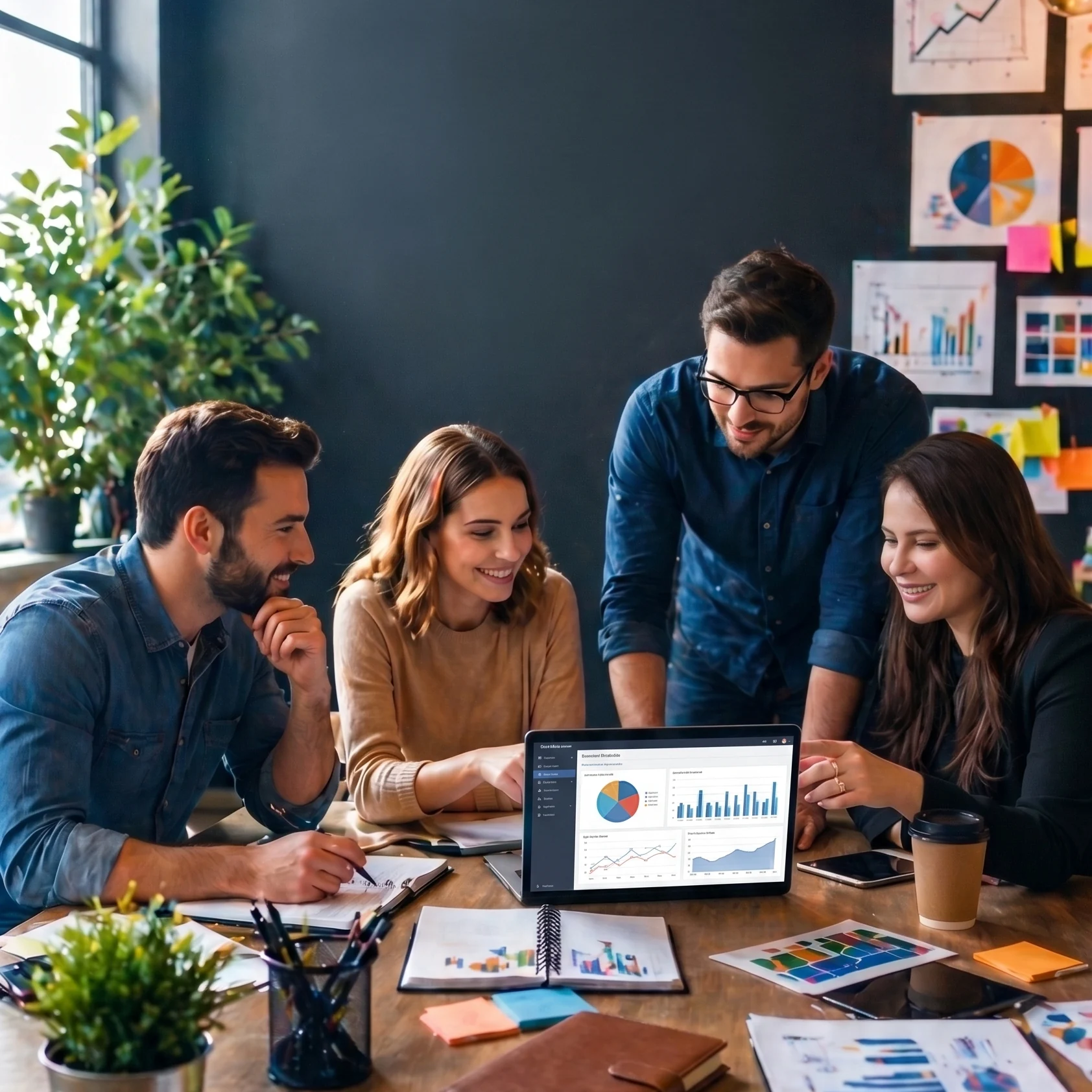 Business team collaborating around a dashboard with performance data