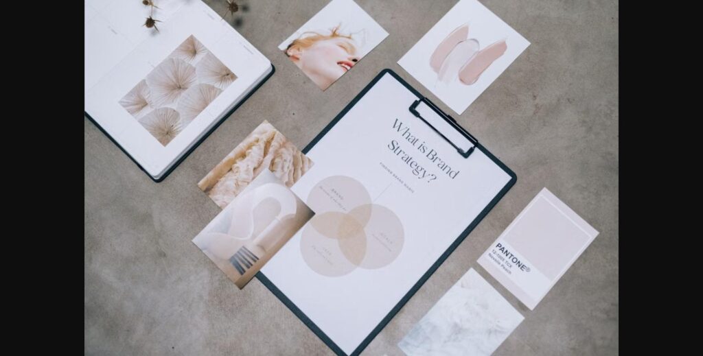 Brand strategy documents and mood board showing what is brand strategy