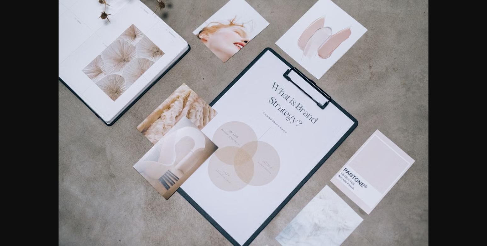 Brand strategy documents and mood board showing what is brand strategy